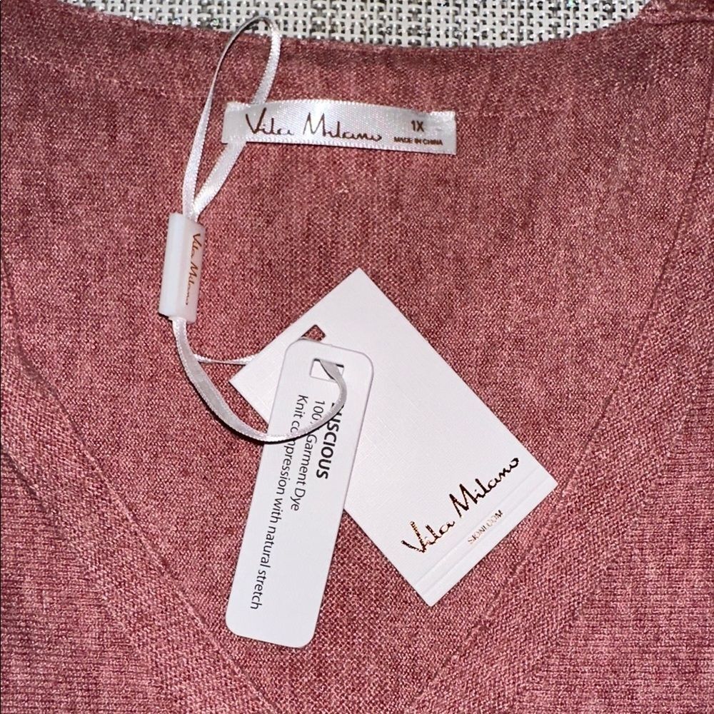 Vila Milano 1X Heather Pink Rose Bouquet V-Neck Dolman Sleeve Fine Knit Sweater - Picture 9 of 11